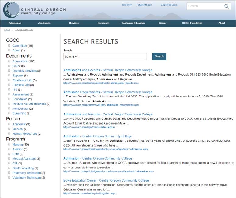 Central Oregon Community College effectively uses Modern Campus CMS Website Search with parametric filtering, which allows site visitors to narrow down search results by keywords or categories.