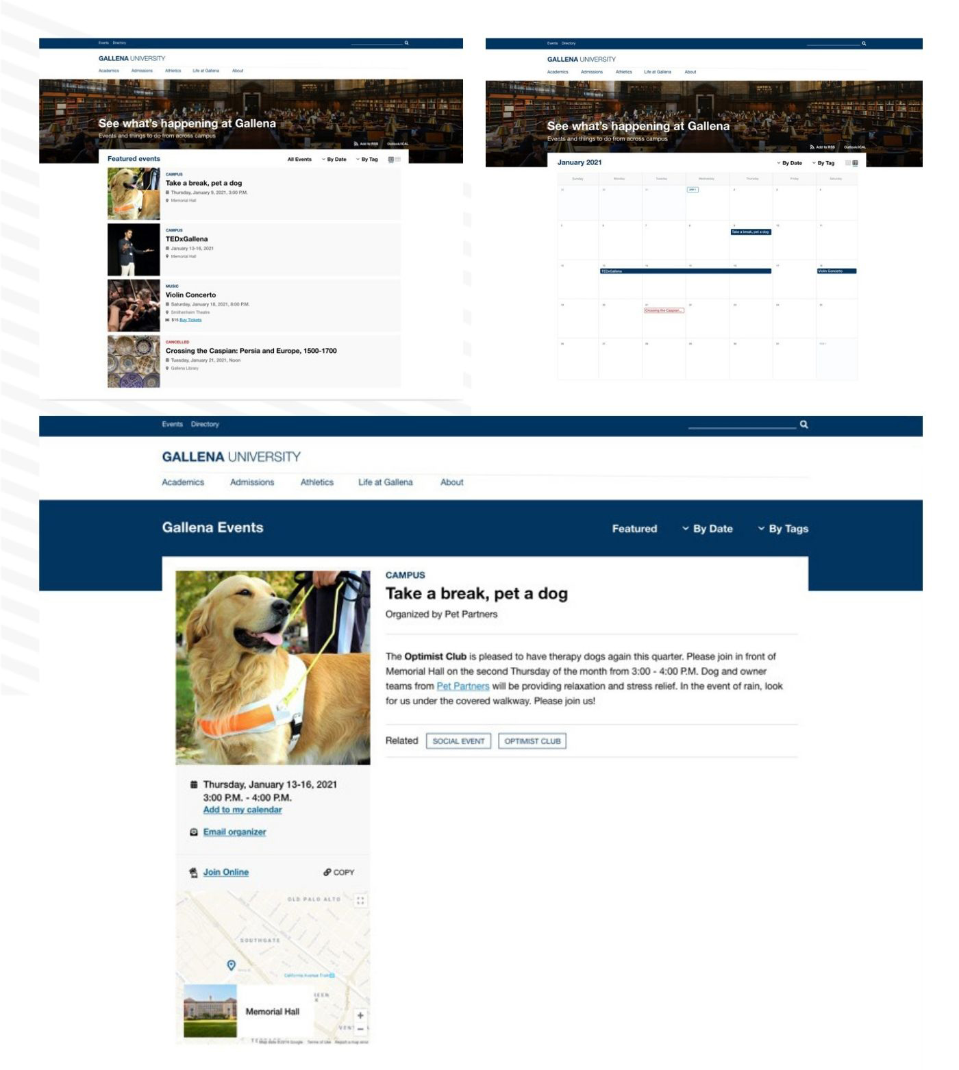 Switch between grid and list views depending on your purpose. Increase discoverability of your events with built-in filters, tags and RSS feeds.